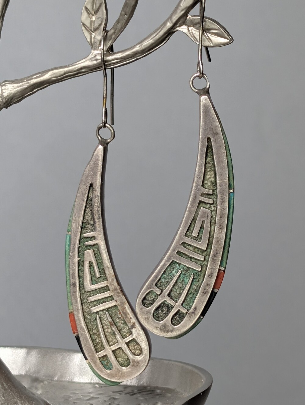 Vintage Southwestern Sterling Silver Geometric Double Inlay Turquoise Onyx Coral